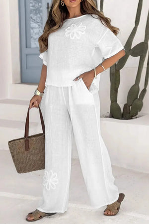 Floral embroidery Solid Color Shirt Two piece Set