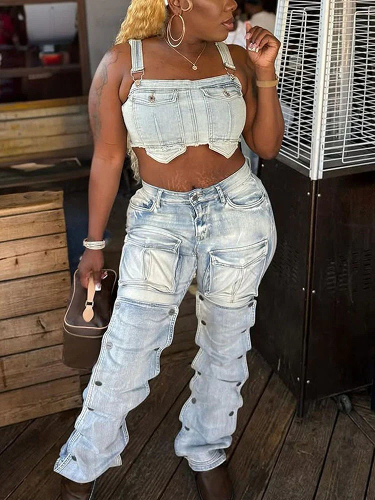 Snap Button Cargo Jeans