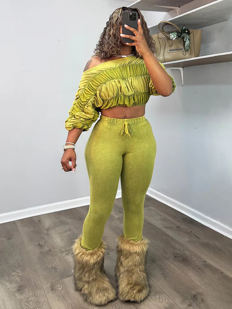 Washed Ruched Top & Flared Pants Set