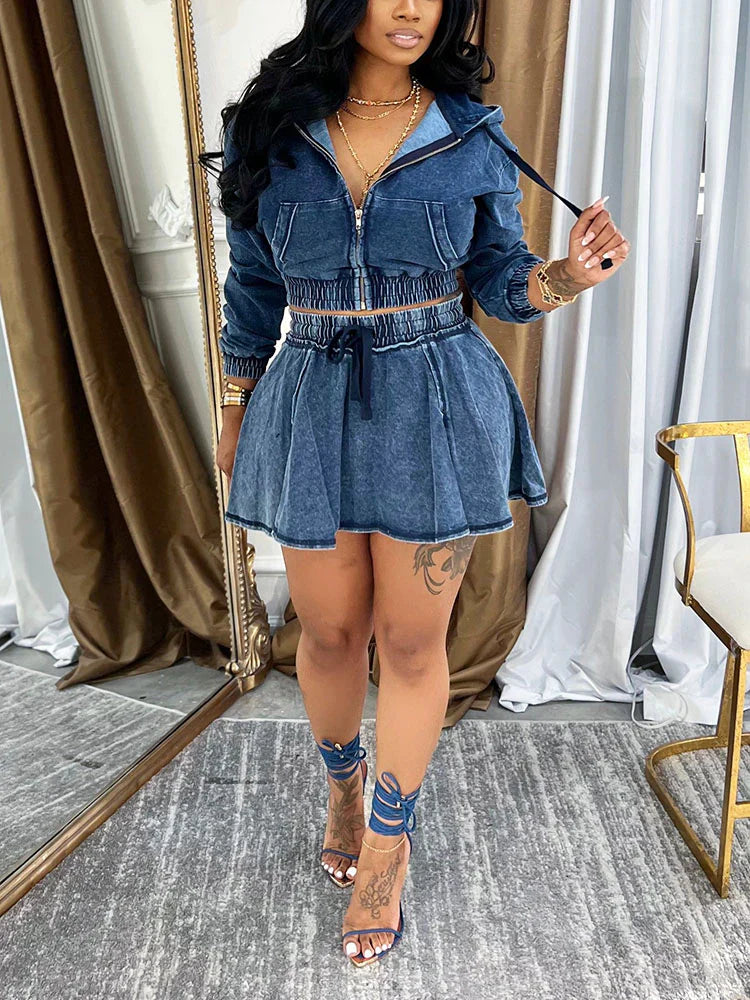Washed Denim Cropped Jacket And Mini Skirt Set