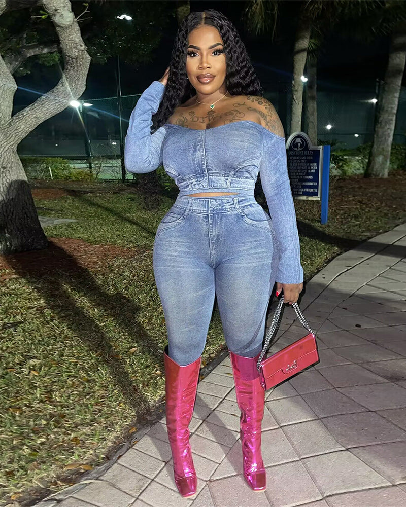 Riana Denim Pants Set Light Blue