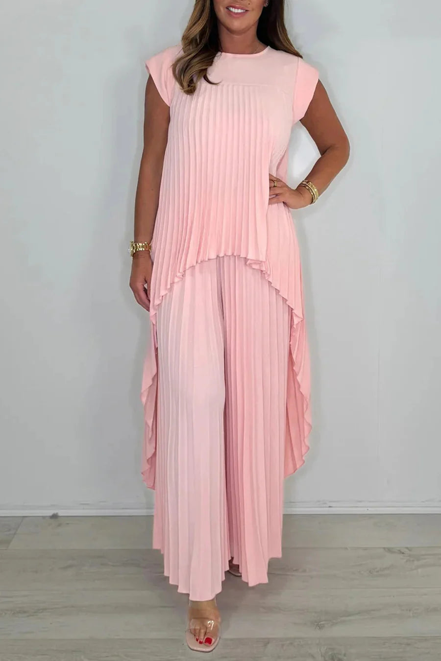 High-Low Pleated Tank Top Pants Sets