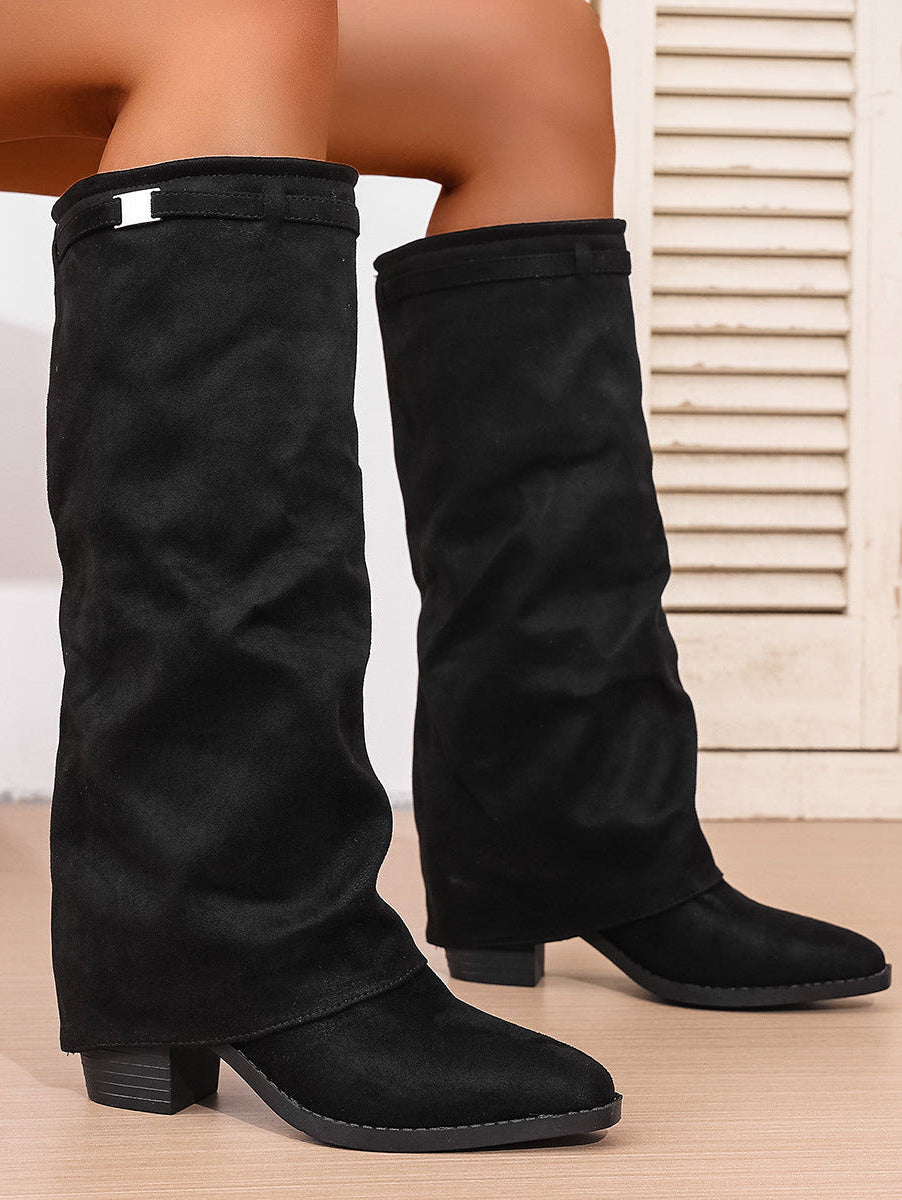 Pointed Toe Pleated Chunky Heel Boots