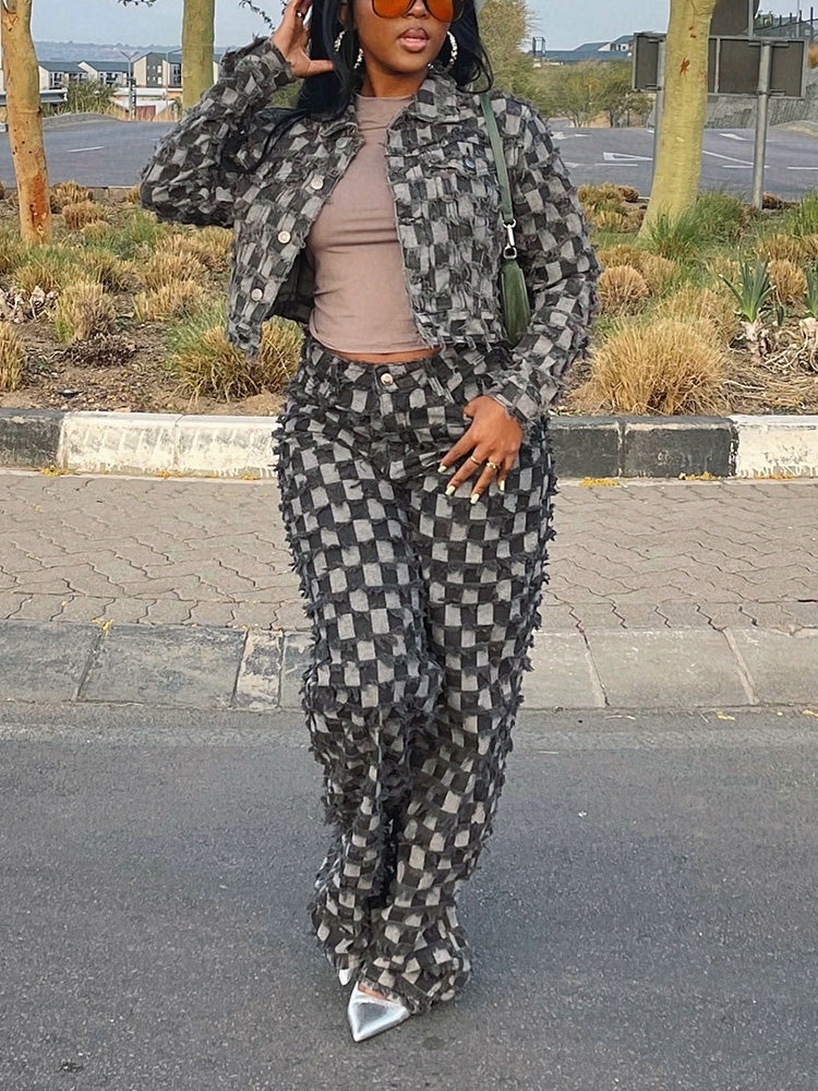 Classic Checkered Denim Jacket And Jeans Set