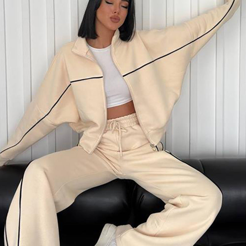 Fashion Turtleneck Cardigan Striped Sweatshirt Set