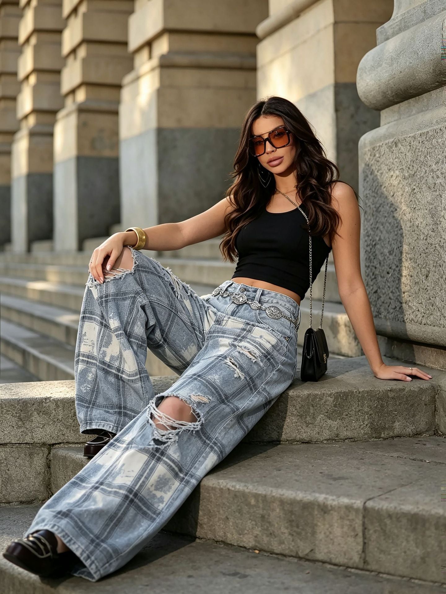 Plaid Ripped Patchwork Washed Denim Pants for Streetwear
