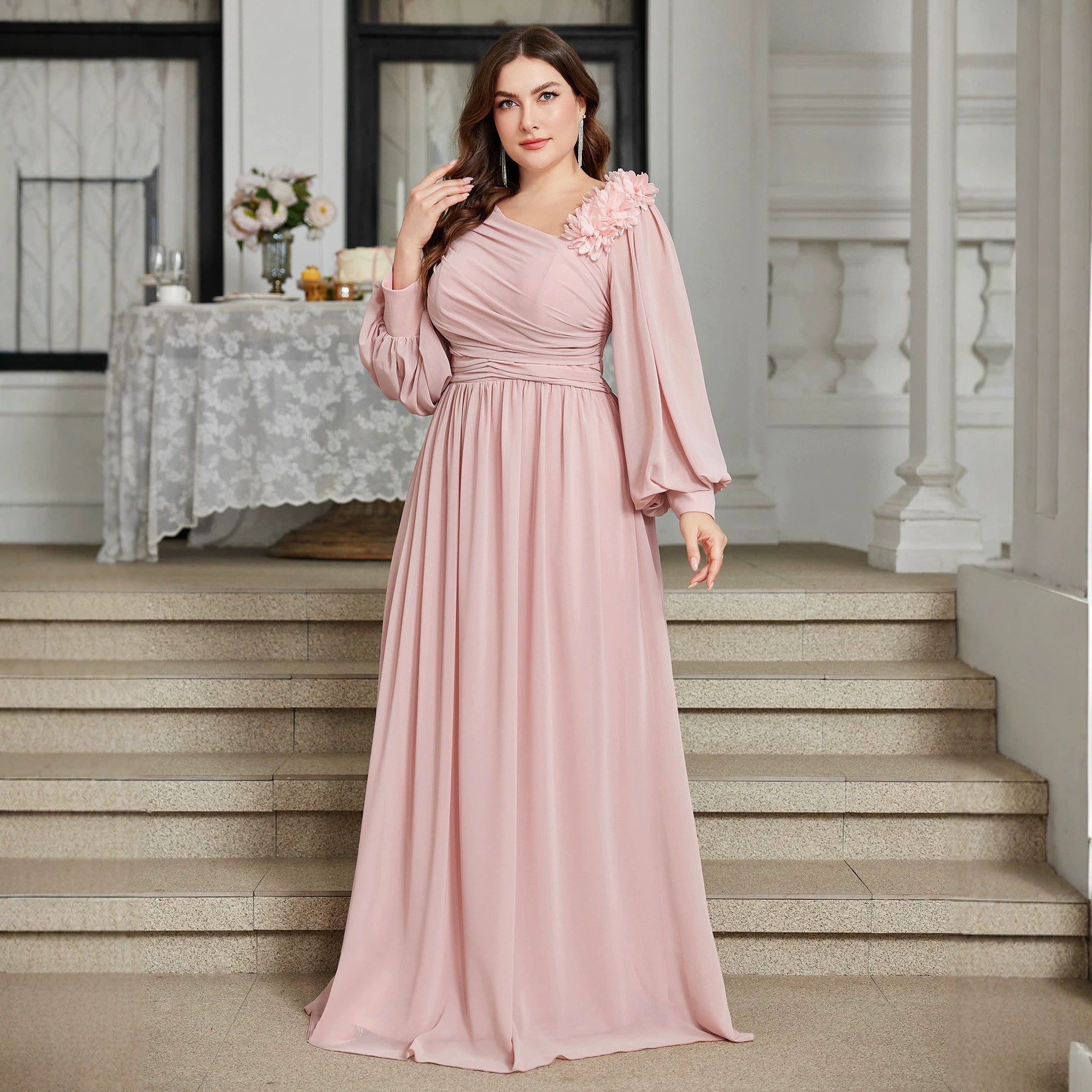 Plus Size Slash Shoulder Applique Lantern Sleeve Long Dress for Bridesmaids & Formal Events