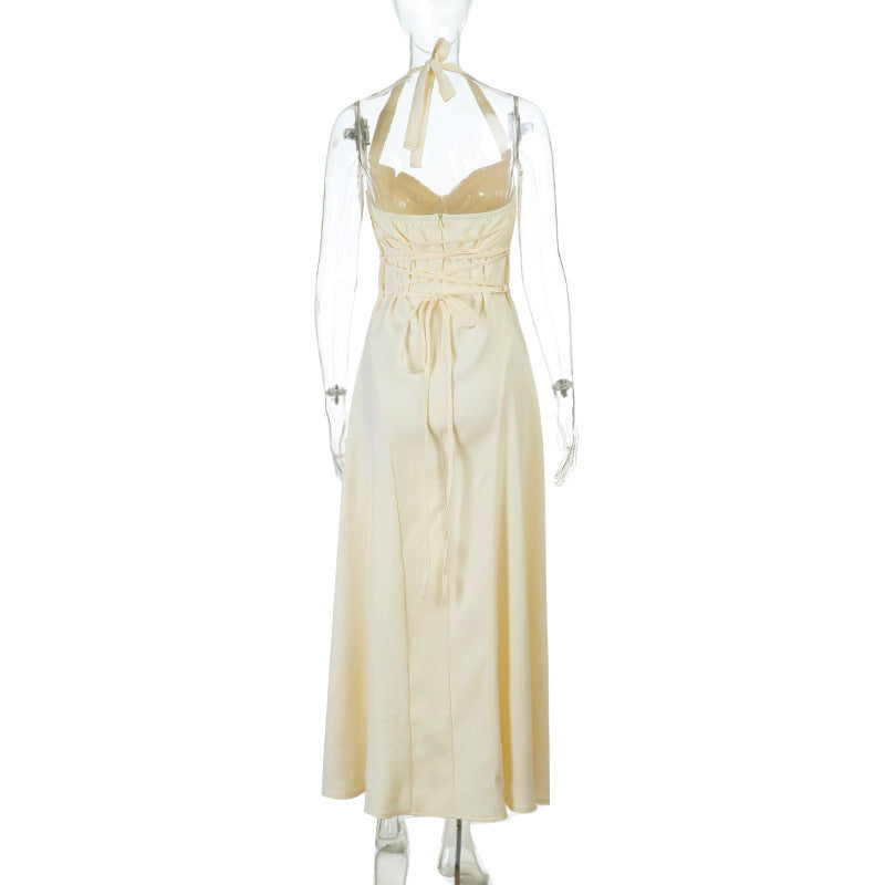 Solid Ruched Sleeveless Slim-Waist Strap Dress for Evening Events