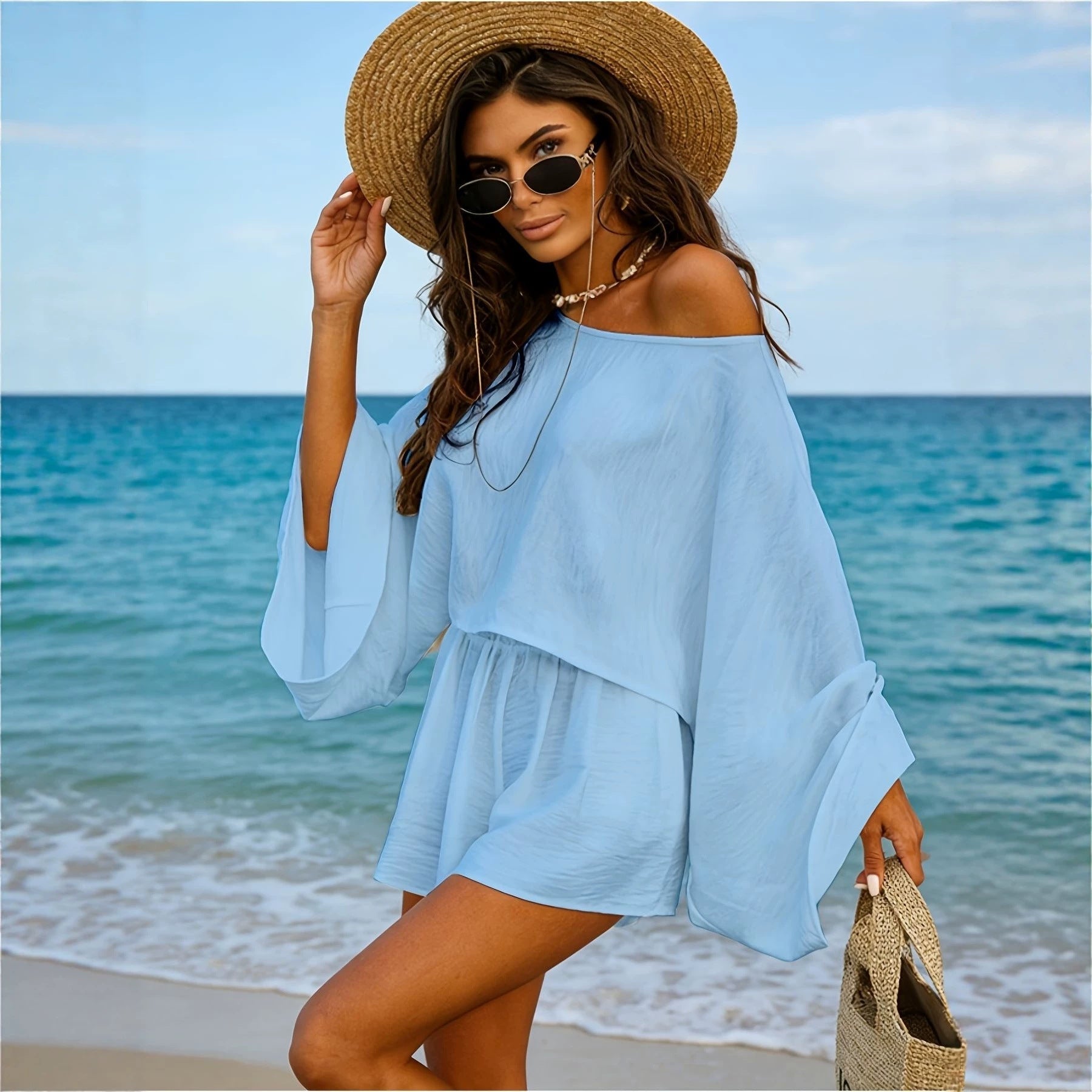 Solid Off-Shoulder Top & Shorts Two-Piece Set for Beach Holidays
