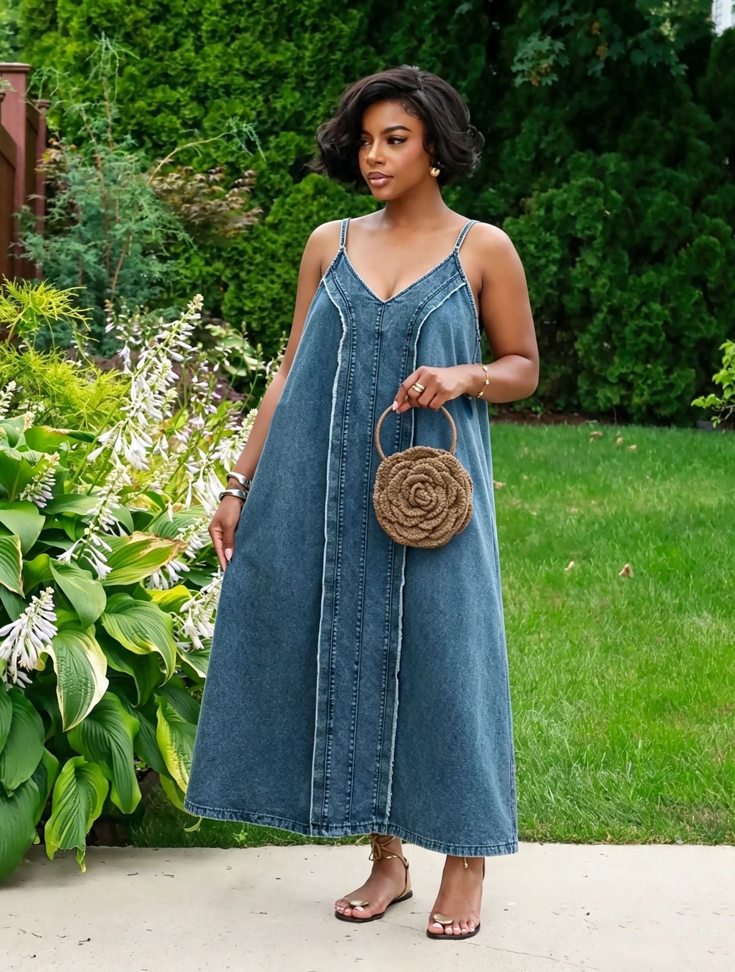 Raw Edge Side Pocket Spaghetti Strap Denim Dress