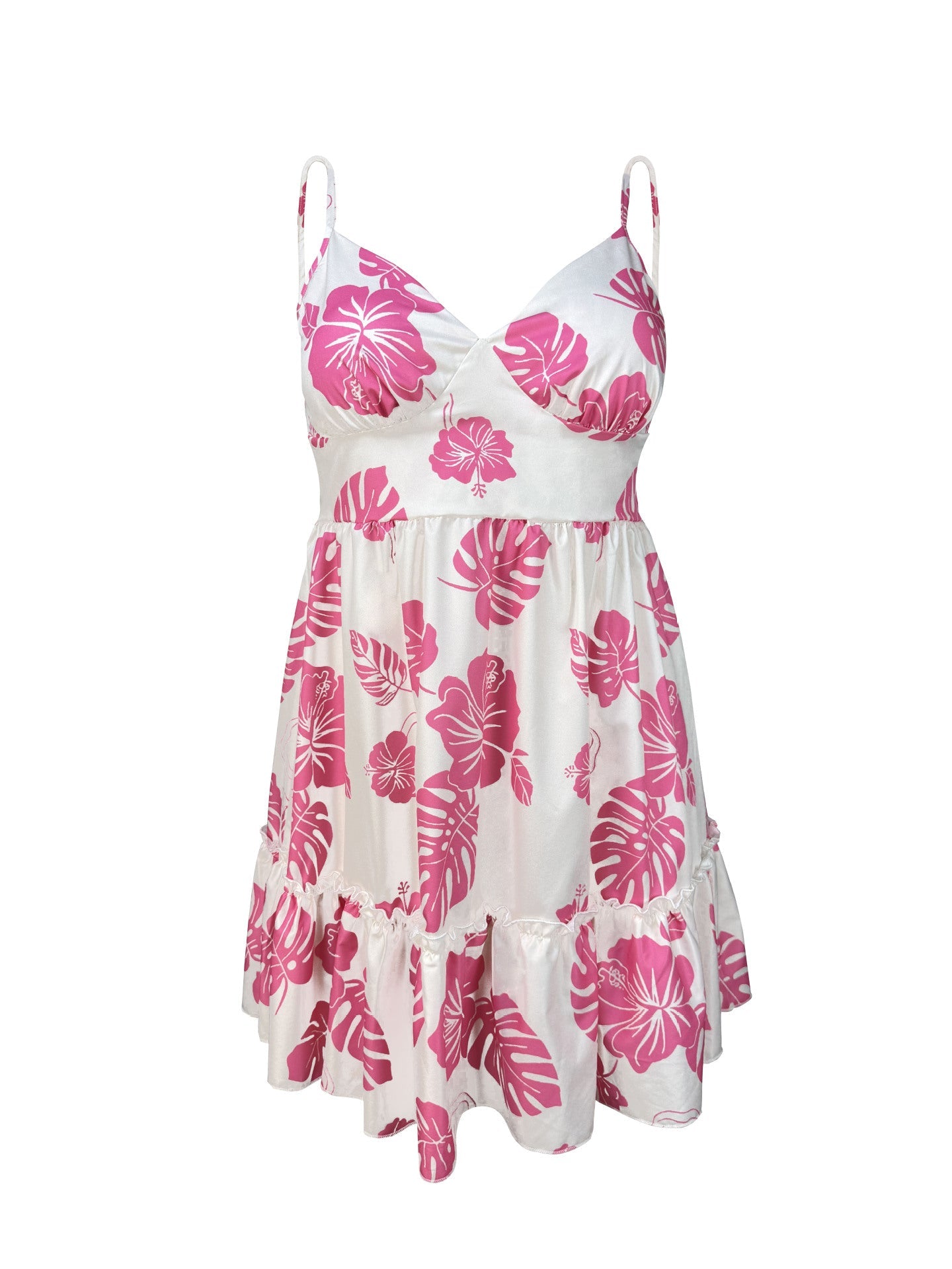 Plus Size Women Printed Strap Dress V-Neck Ruffle Smocked Dress