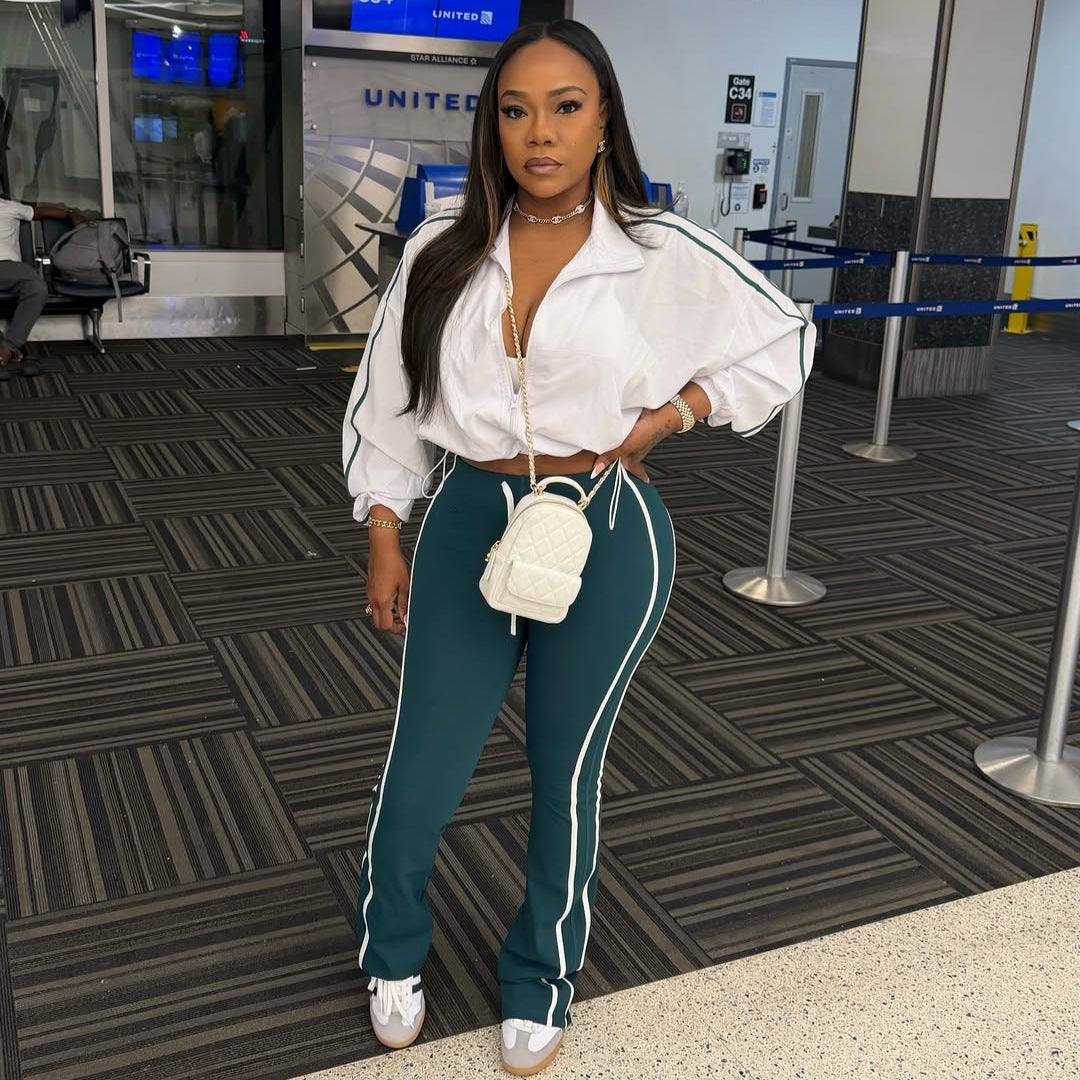 Stretchy Side White Stripe Drawstring Bell Bottom Pants for Casual Activewear
