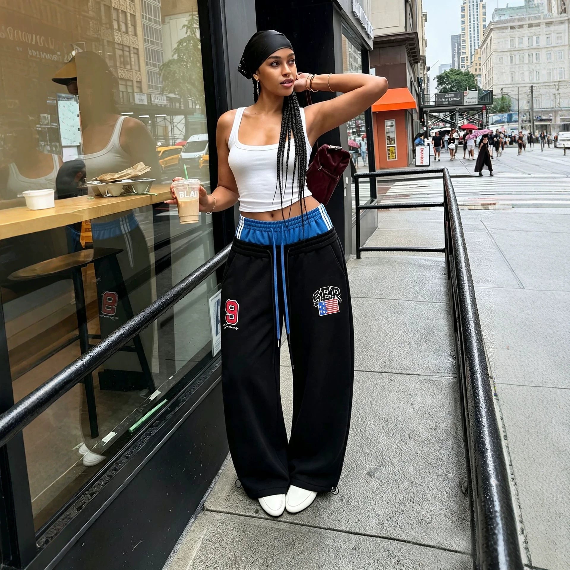 Drawstring Double-Waist Color-Block Patchwork Letter-Embroidered Sweatpants