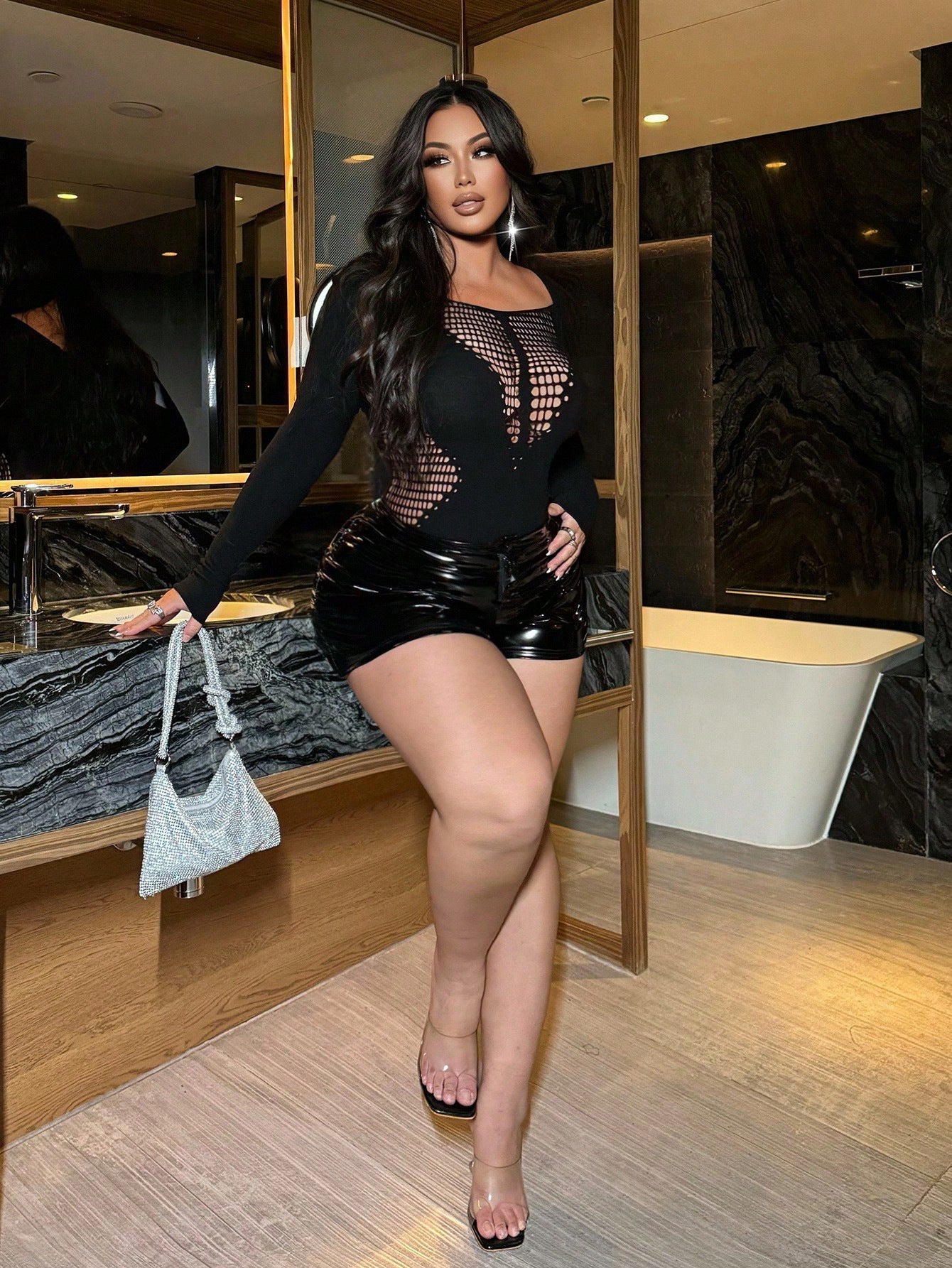 Rhinestone Patchwork See-Through Hollow-Out Bodycon Dress for Summer