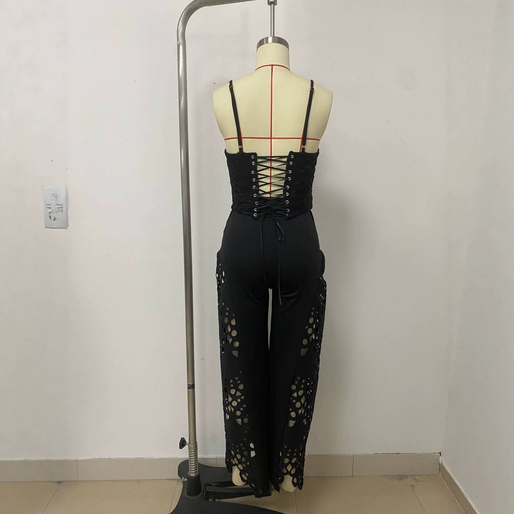 Black Lace Hollow-Out Embroidered Camisole Top & Wide-Leg Pants Set
