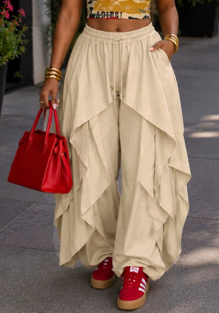 High Waist Drawstring Jogger Pants with Irregular Layered Ruffles for Activewear