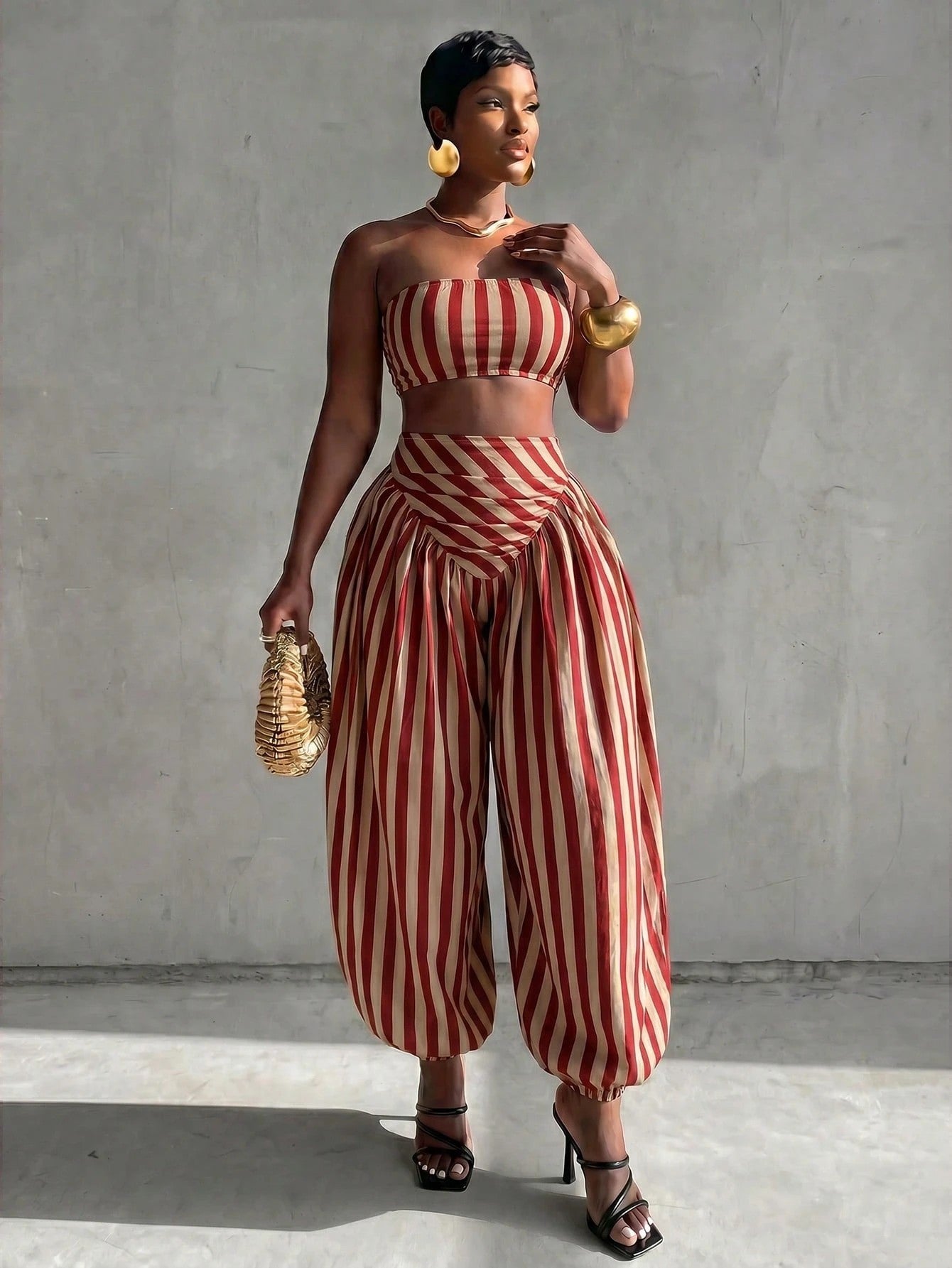 Red & White Striped Crop Top & Lantern Pants Two-Piece Set