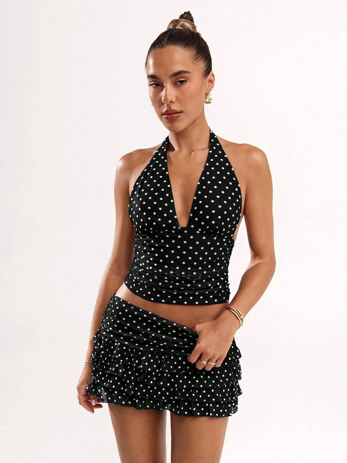 Polka Dot Halter Neck Top & Ruffle Edge Mini Skirt Set for Party Wear