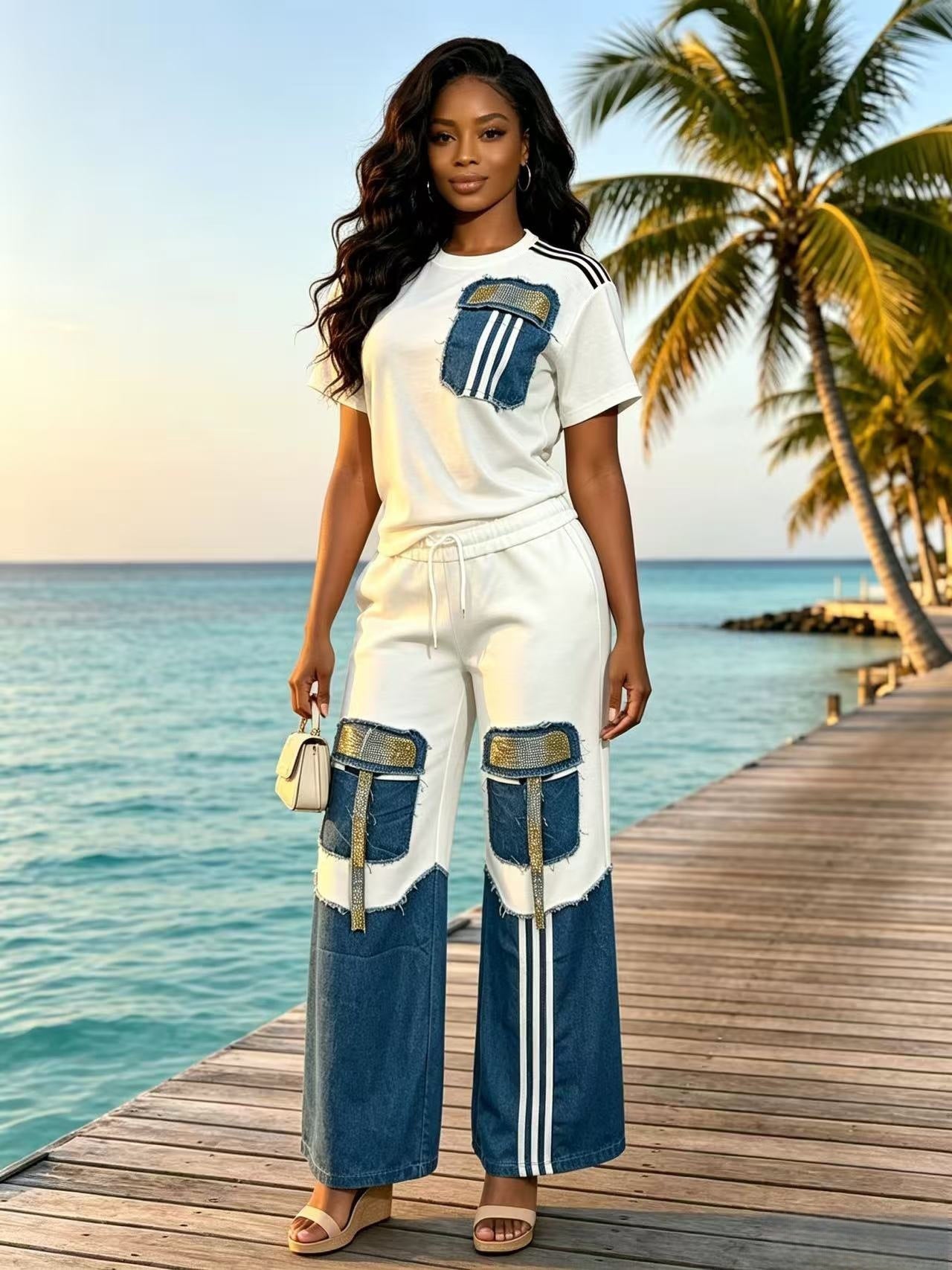 Denim Patchwork Beaded Short-Sleeve Top & Wide-Leg Pants Set for Summer