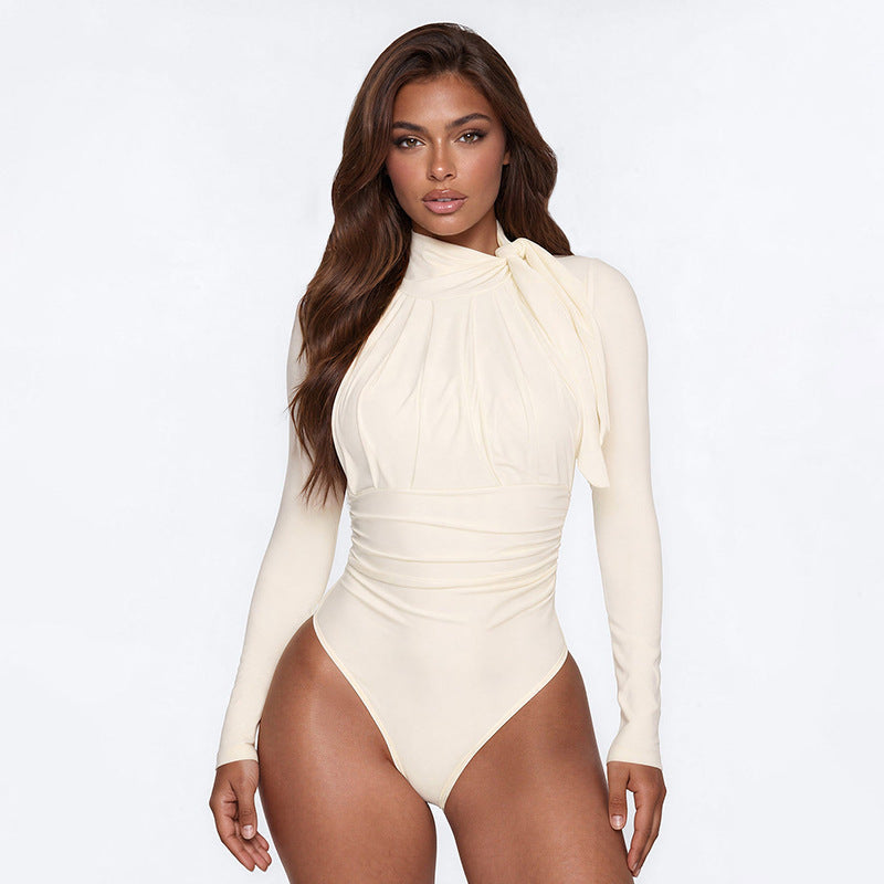 Solid Round Neck Long-Sleeve Lace-Up Romper for Fall & Winter Casual