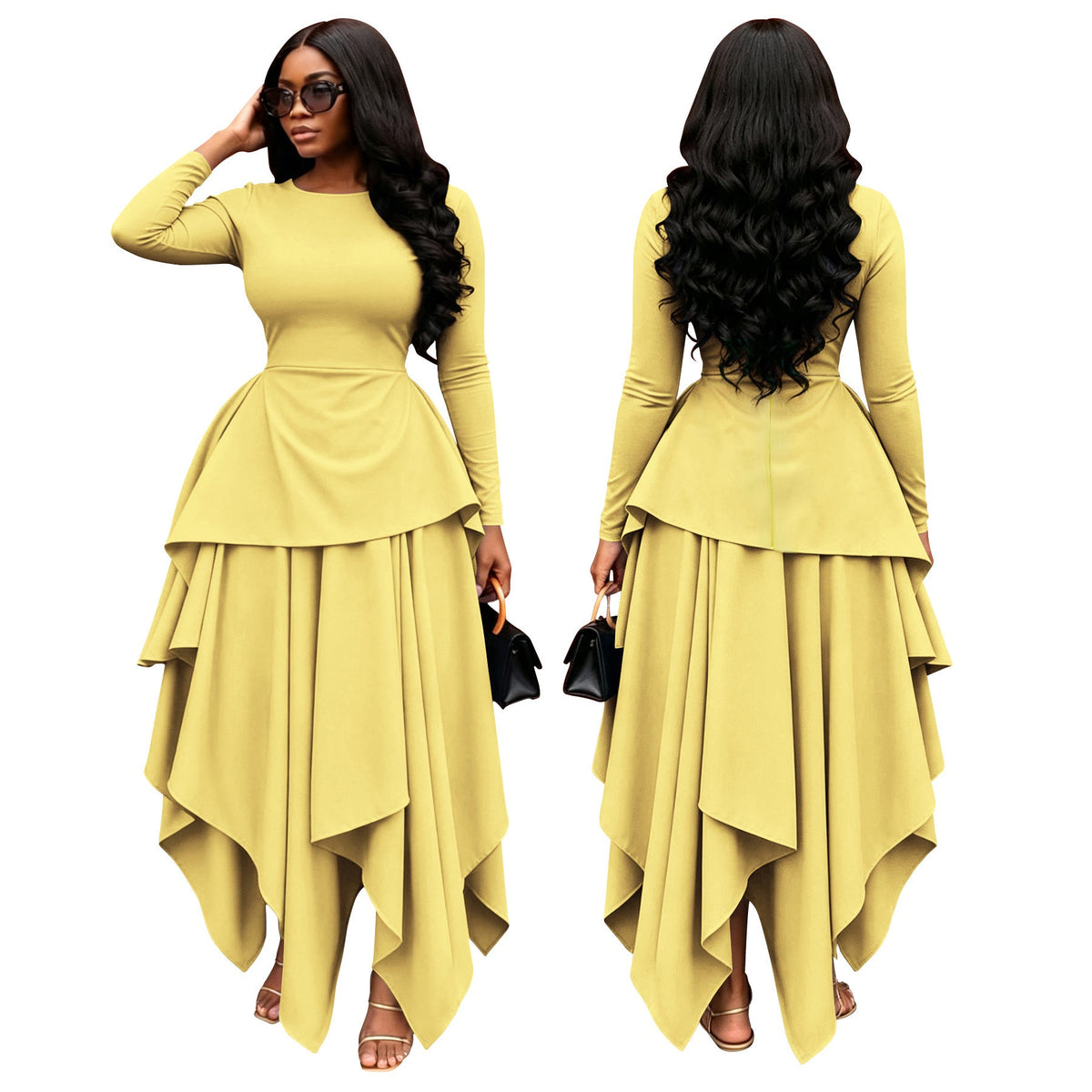 Round Neck Long Sleeve Ruffle Hem Irregular Flare Dress for Casual Wear
