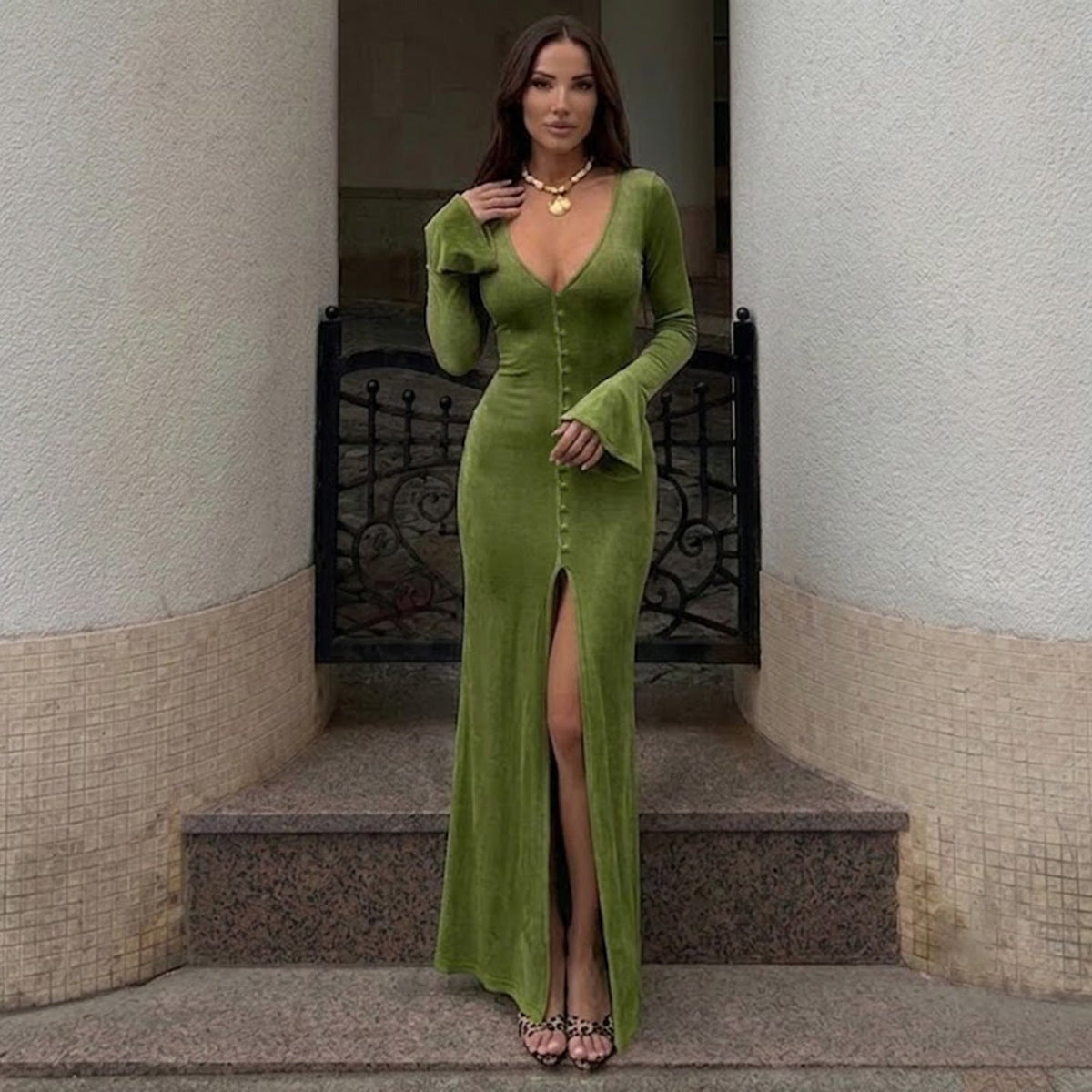 Solid Deep V-Neck Button Front Bell Sleeve Slim Fit Maxi Dress for Formal Events
