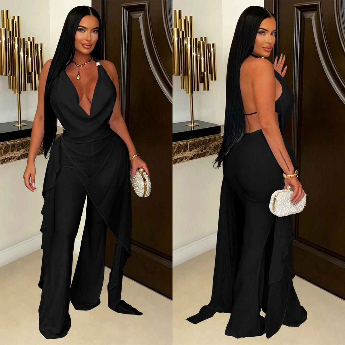 Halter Cowl Neck Irregular Tassel Top & Wide Leg Pants Set for Casual Wear