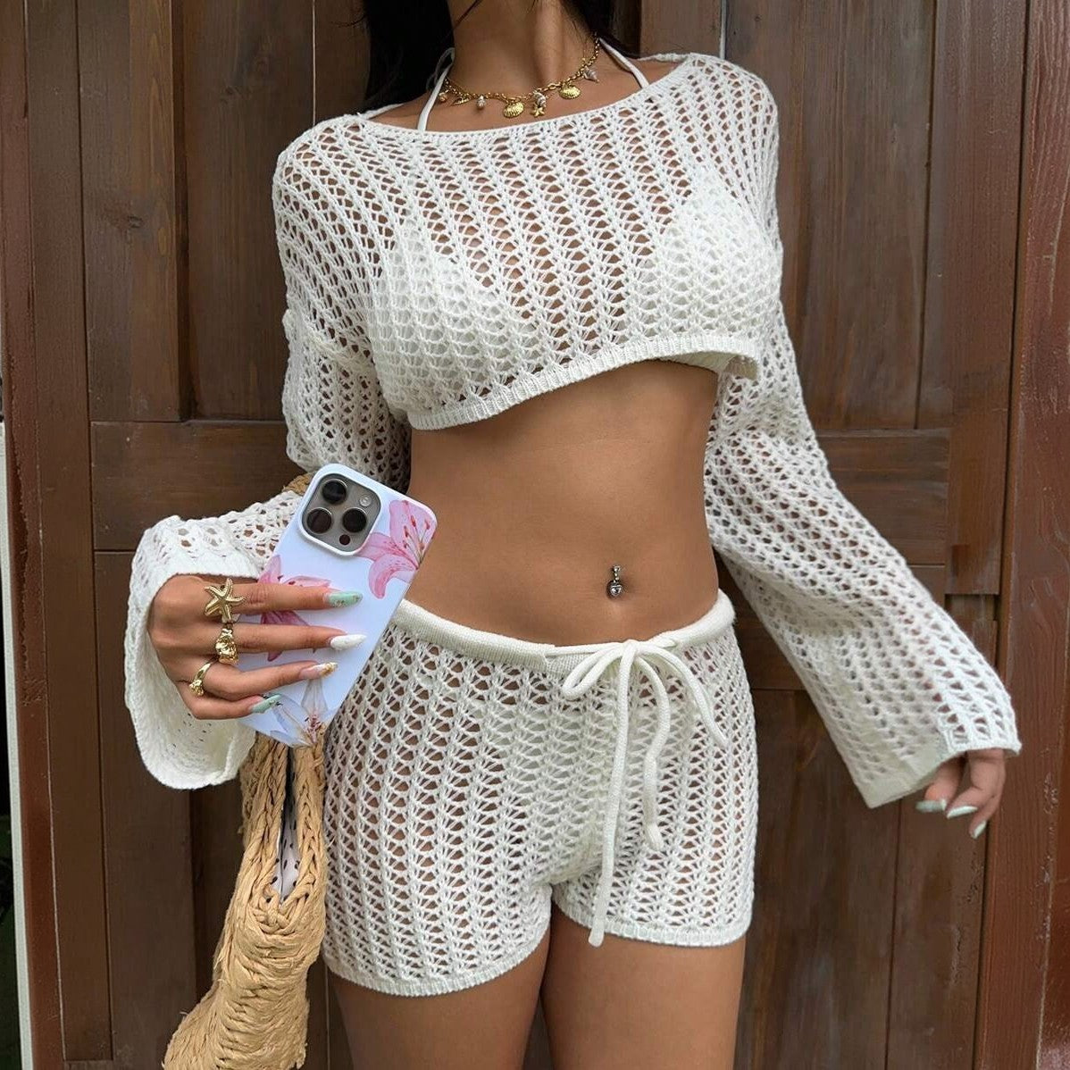 Solid Knitted Hollow-Out Cover-Up Two-Piece Swimsuit Set for Beachwear