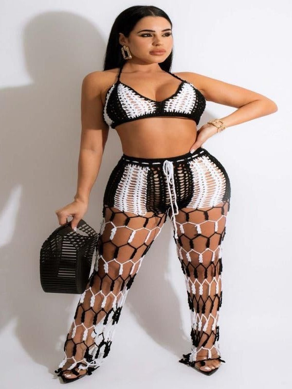 Color Block See-Through Hollow-Out Crochet Fishnet Pants Two-Piece Set for Beachwear