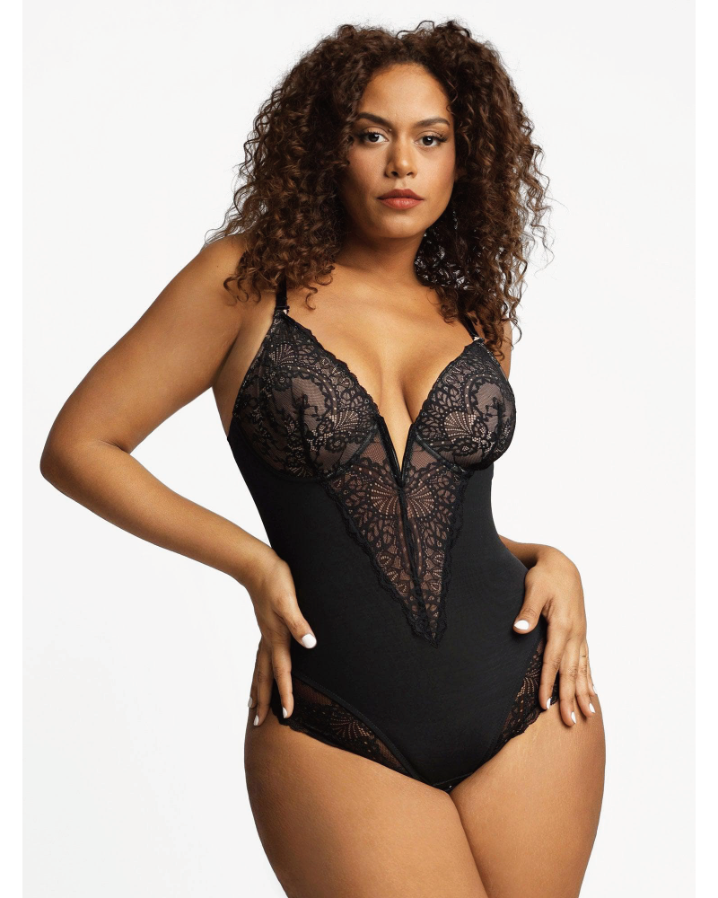 Lace Deep-V Neck Bodysuits Black
