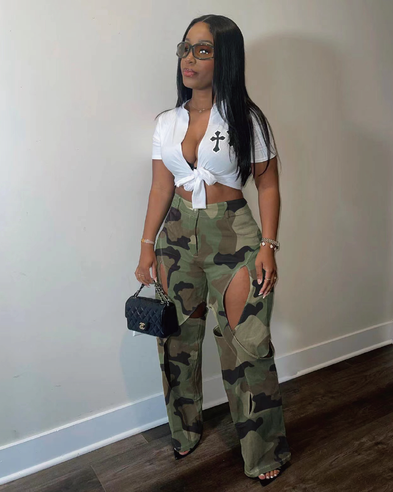 Camouflage Ripped Cargo Pants Green