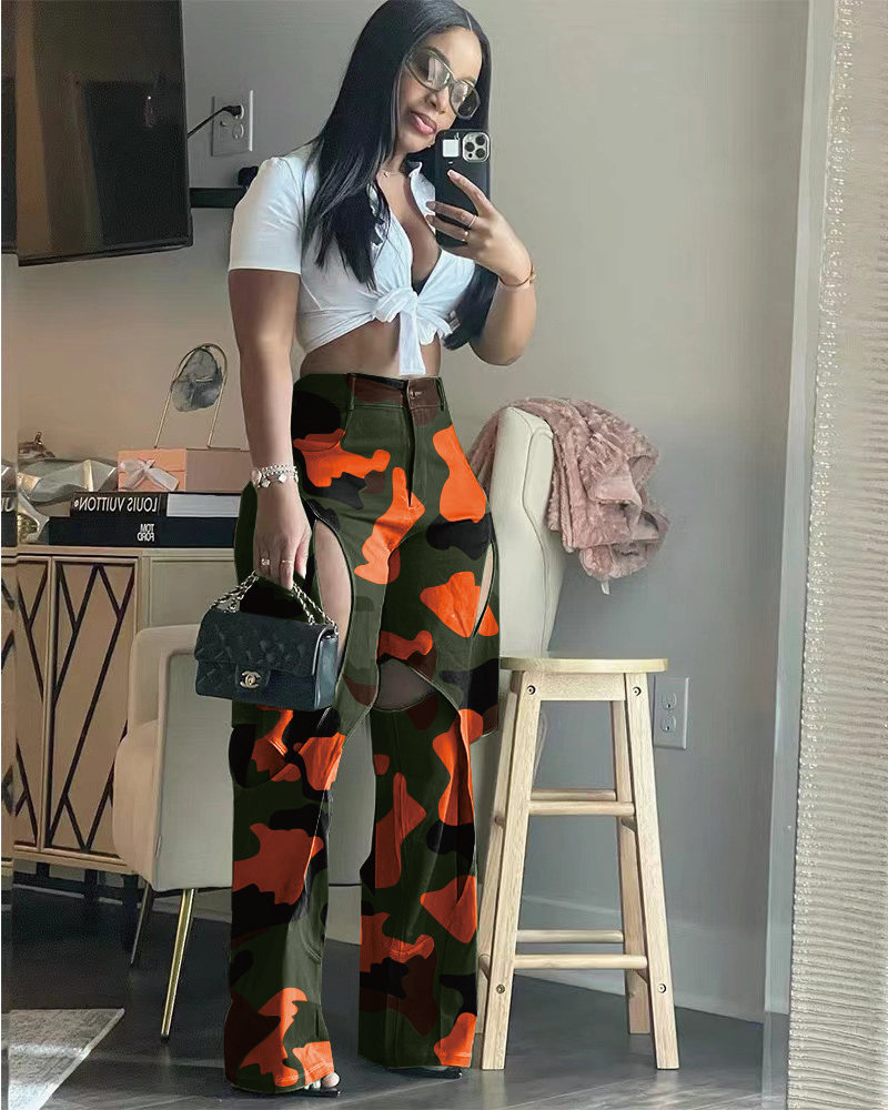 Camouflage Ripped Cargo Pants Oange