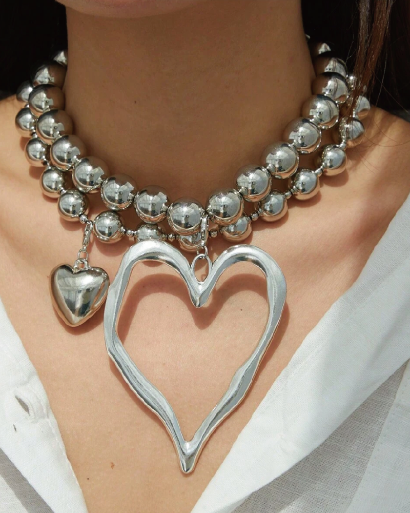 Beaded Heart Pendant Necklace Set Silver