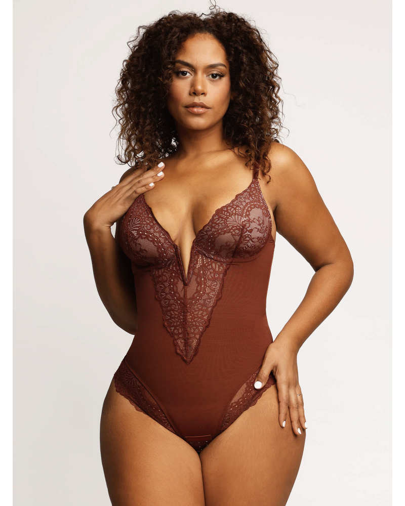 Lace Deep-V Neck Bodysuits Brown