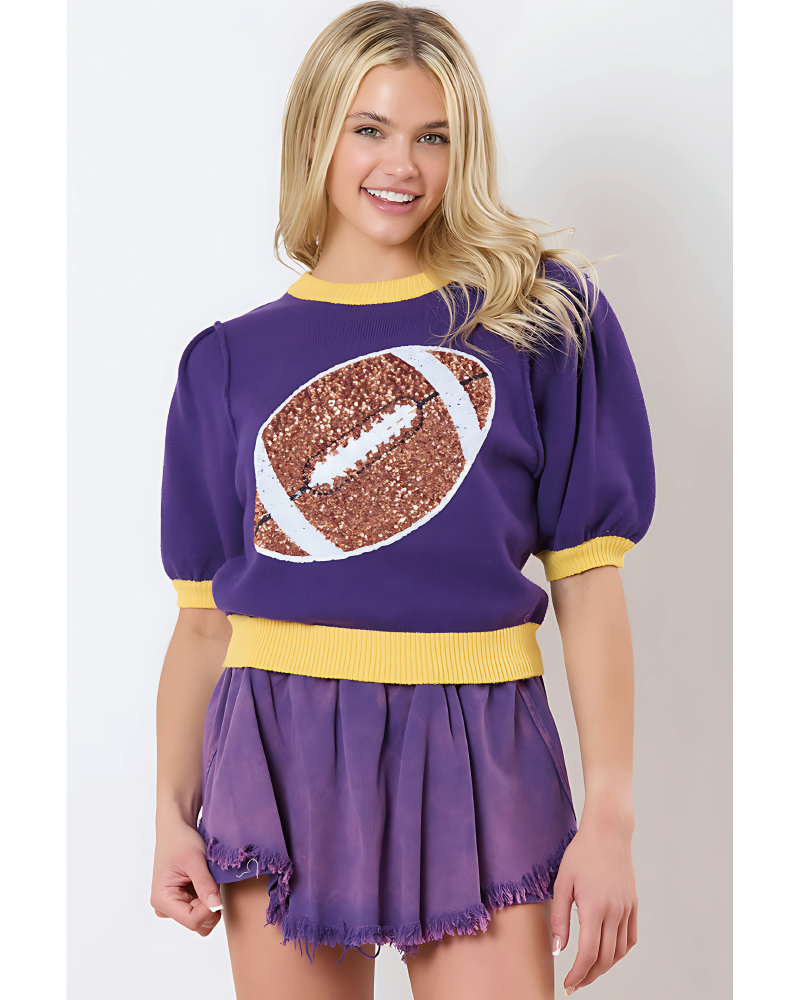Embroidered Sequin Football Sweater Purple