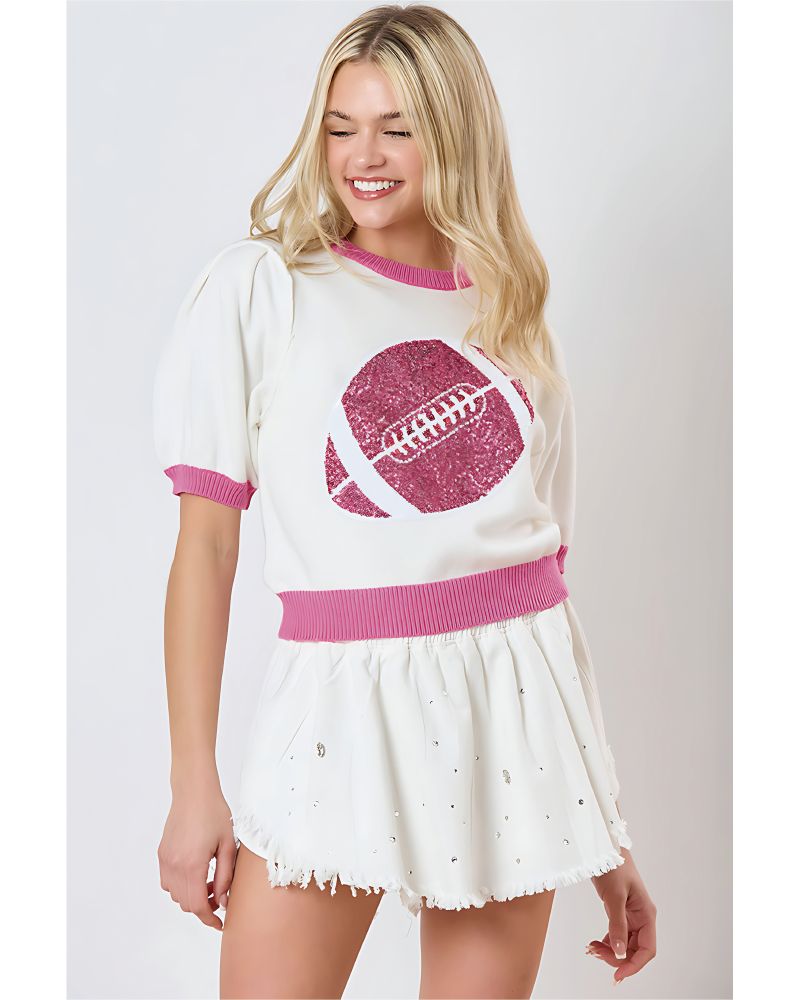 Embroidered Sequin Football Sweater White