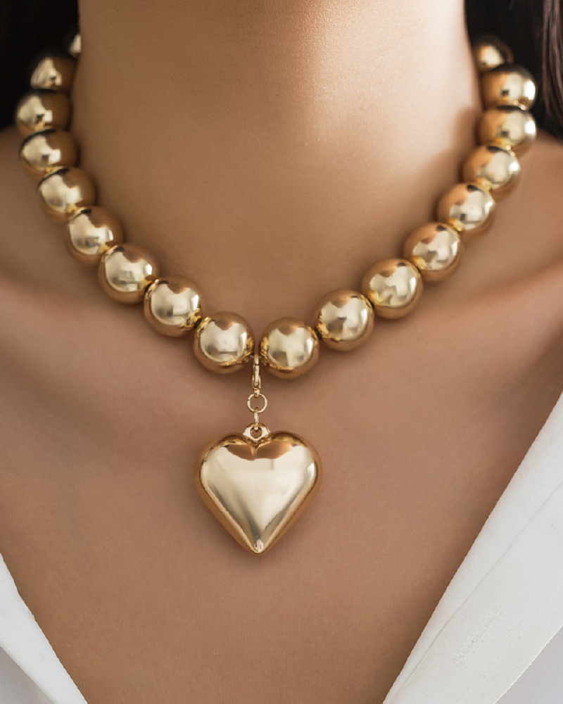 Beaded Heart Pendant Necklace Heart-2 Gold