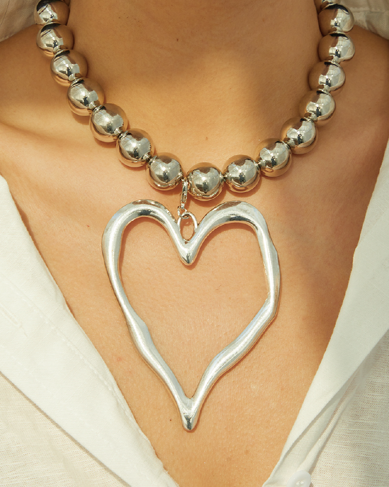Beaded Heart Pendant Necklace Heart-1 Silver