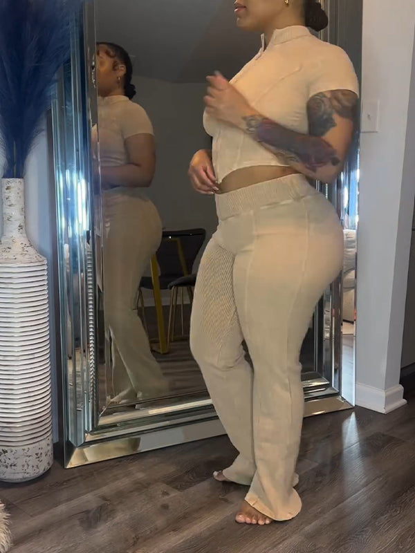 Ensemble haut et pantalon zippé côtelé