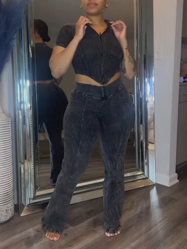 Ensemble haut et pantalon zippé côtelé