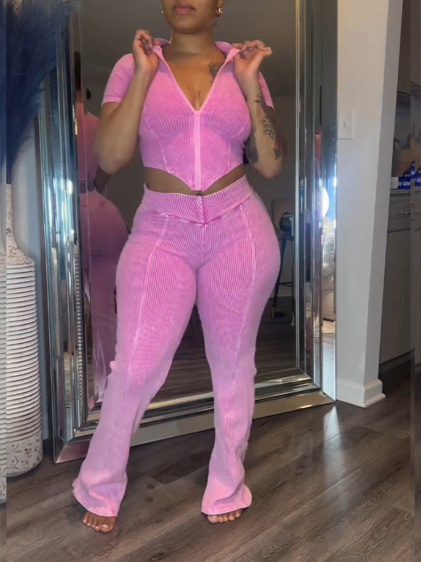 Ensemble haut et pantalon zippé côtelé