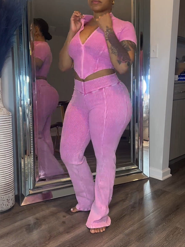 Ensemble haut et pantalon zippé côtelé