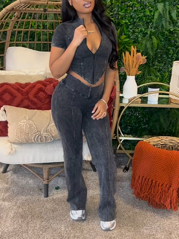 Ensemble haut et pantalon zippé côtelé