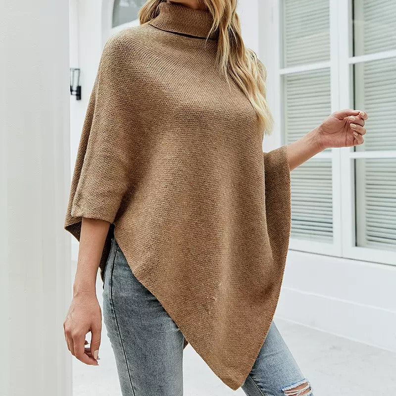 Solid-Color High-Neck Knit Sweater Cape Cardigan Shawl Jacket