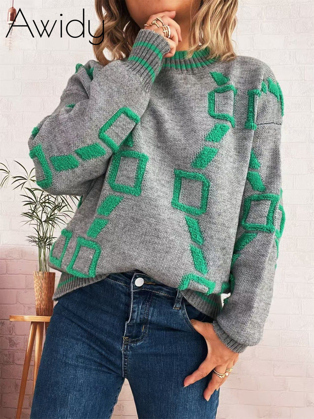 Printed Round-Neck Sweater--Clearance gray One Size