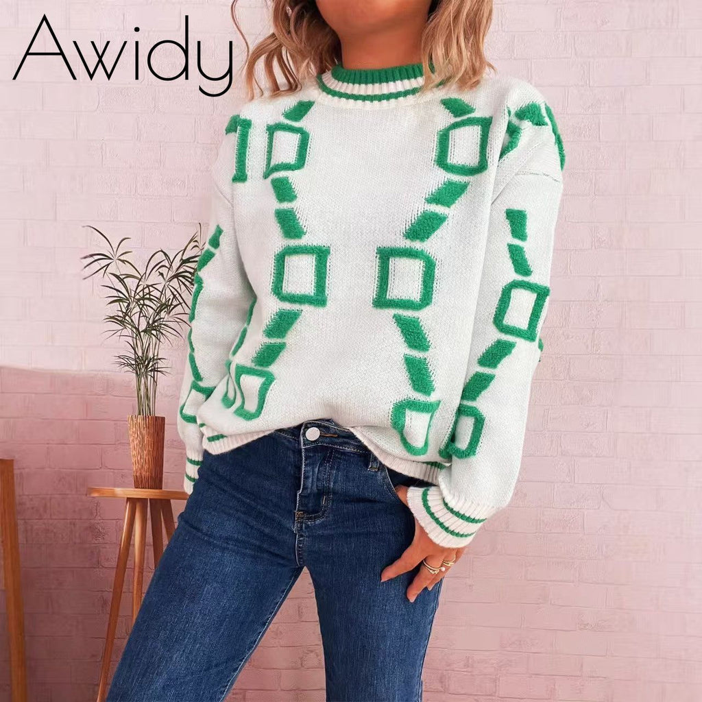 Printed Round-Neck Sweater--Clearance White One Size