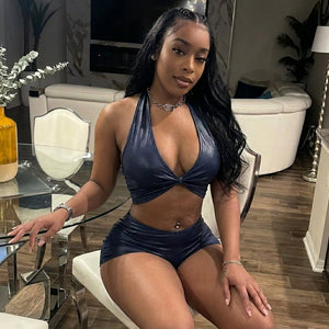 Faux Leather Twist Halter Shorts Set
