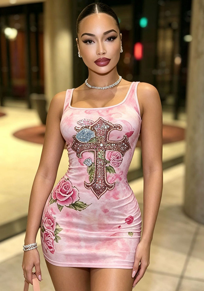 Pink Tie-Dye Beaded Cross Print Bodycon Dress for Party Wear