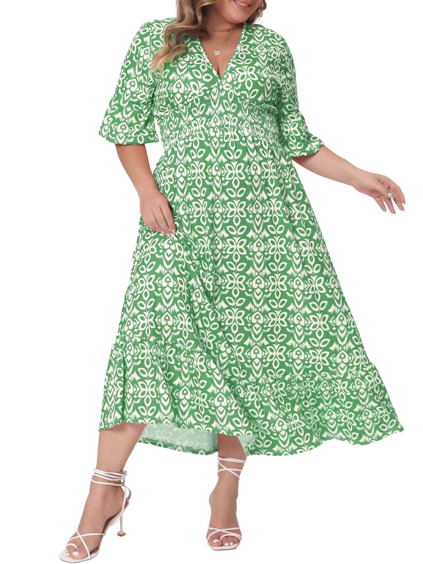 Plus Size Printed Short-Sleeve Maxi Dress for Casual Wear