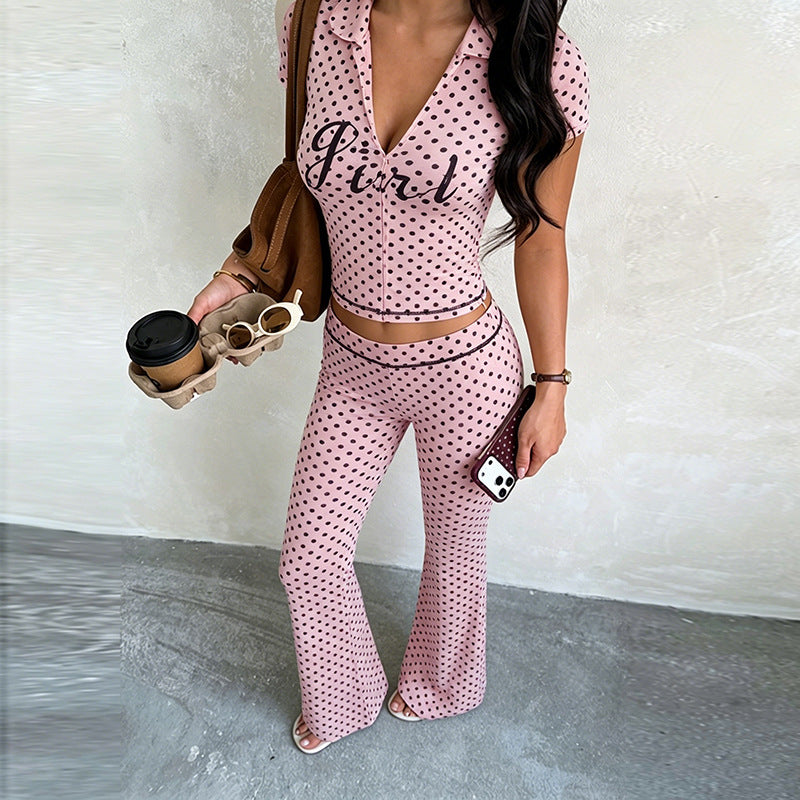 Polka Dot Short-Sleeve Zip-Up Pants Set for Summer Casual